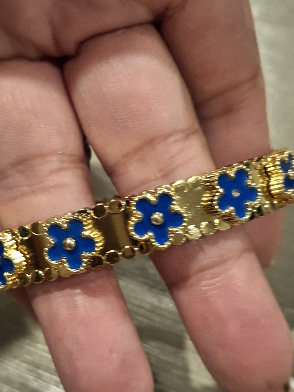 Gold Bracelet with Blue Flower Accents - Women's Jewelry